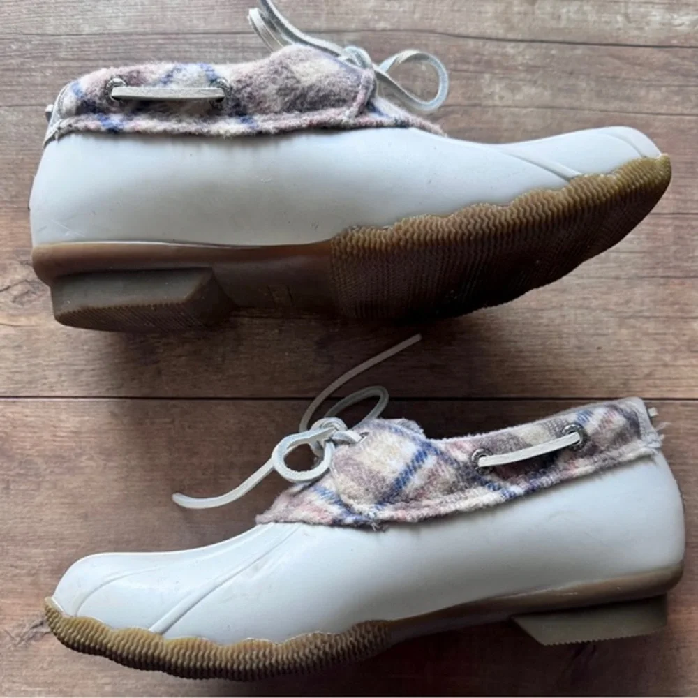 Sperry Saltwater 1-Eye Ivory Plaid Low Profile Duck Boot Size 7.5
